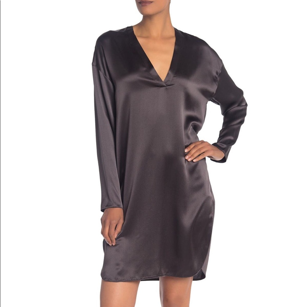 VINCE Satin V-Neck Tunic Dress in Graphite NWT